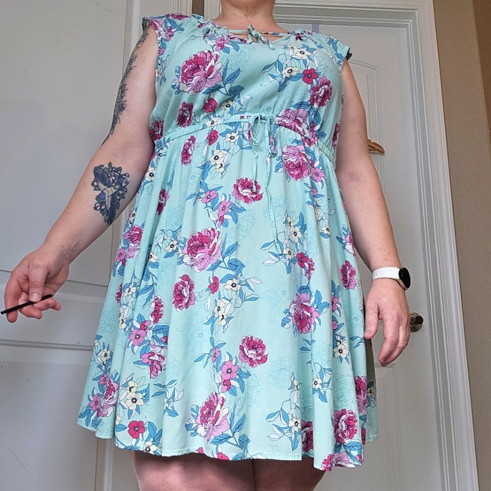 Aqua Floral Peony A-Line Drop Waist Mini - Torrid Size 3 - Challis Sundress